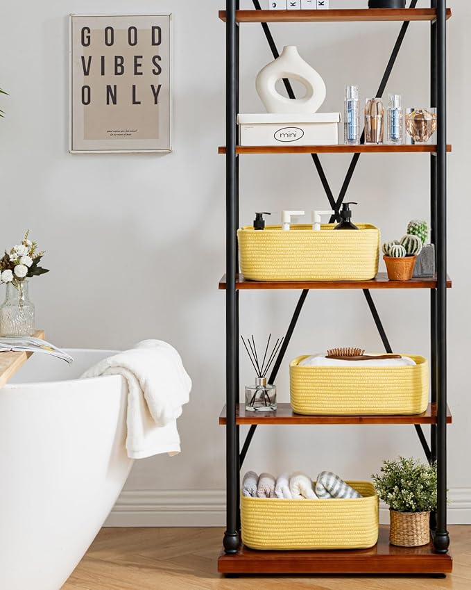 Small Woven Basket, 13.5 x 9.5 x 5 Inches, Storage Basket for Organizing, Cute Small Rope Shelf Closet Cube Storage Bins Baskets for Shelves, Dog Toy Gift Baskets Empty, 3 Pack Yellow