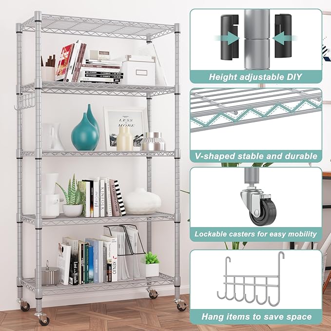 Himimi 5-Tier Storage Shelf Wire Shelving Unit on Wheels, Adjustable Heavy Duty Metal Shelves with Side Hooks, Steel Rack Organization for Kitchen Garage Basement, Silver