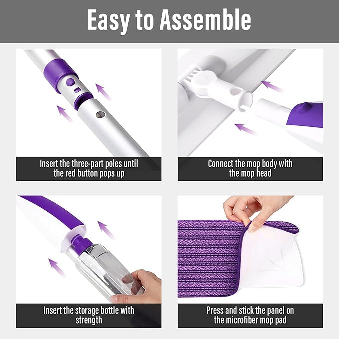 Spray Mops for Floor Cleaning Floor Mop with a Refillable Spray Bottle and 3 Washable Microfiber Pads Home or Commercial Use Dry Wet Flat Mop for Hardwood Laminate Wood (Purple)
