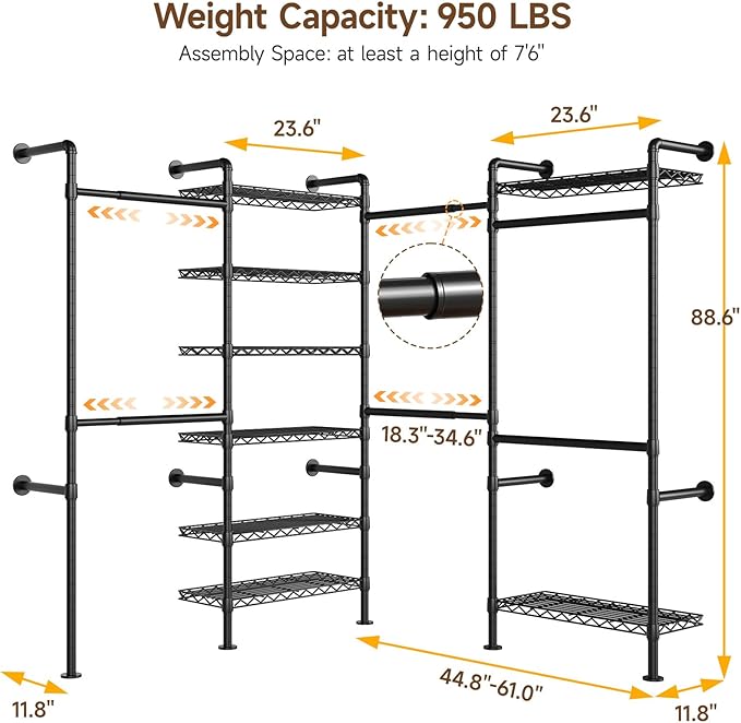 ONBRILL L4 Wall Mounted Industrial Pipe Clothing Rack, Closet Organizer System with 6 Hanging Clothes Rods ( 4 Expandable Rods) & 8 Shelves, Heavy Duty Corner Garment Rack, Large Wardrobe - Black