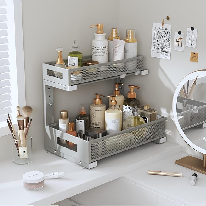 1 Pack-11.4"-16.14" H Under Sink Storage Organizer, Large 2-Tier Elegant Mesh Pull Out Shelf for Kitchen & Bathroom Cabinet Organization, L-Shaped, Adjustable Height-Gun Gray