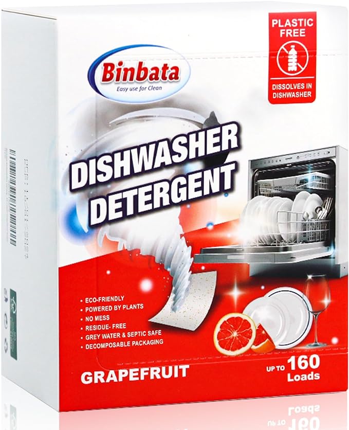 Eco Dishwasher Detergent Sheets Up To 160 Loads, Grapefruit Scent Plastic Free Dishwashing Soap Strips With High Efficient Solid Enzyme, Leaving Dishes Sparkling Clean