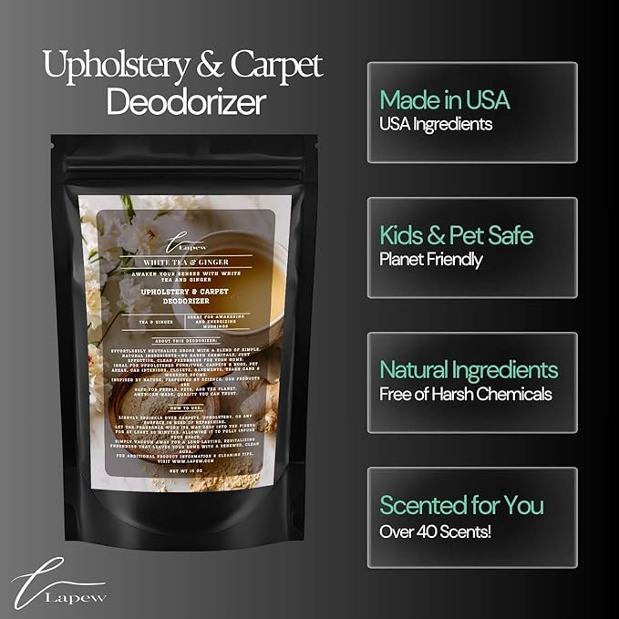 White Tea & Ginger Carpet Freshener Powder: Powerful Odor Eliminator for Home, Upholstery Deodorizer, Carpet Deodorizer, Pet Urine, Cat Litter Box - White Tea & Ginger Fragrance.