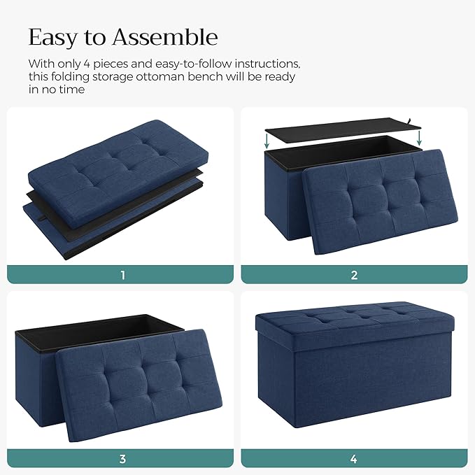 SONGMICS MAZIE Collection - 30 Inches Folding Storage Ottoman Bench, Ottoman Foot Rest, End of Bed Bench, Storage Chest, Load 660 lb, for Living Room, Bedroom, Entryway, Midnight Blue ULSF47IN