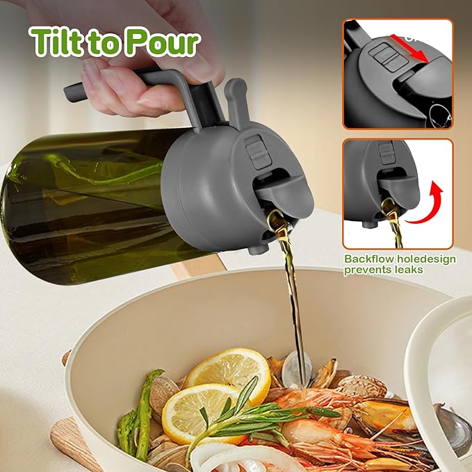 YARRAMATE 16oz/470ml Dark Green Oil Sprayer for Cooking with Stickers, Food-grade Premium 2 in 1 Olive Oil Dispenser Bottle for Kitchen Gadgets, Air Fryer, Salad, Frying, BBQ (Grey)