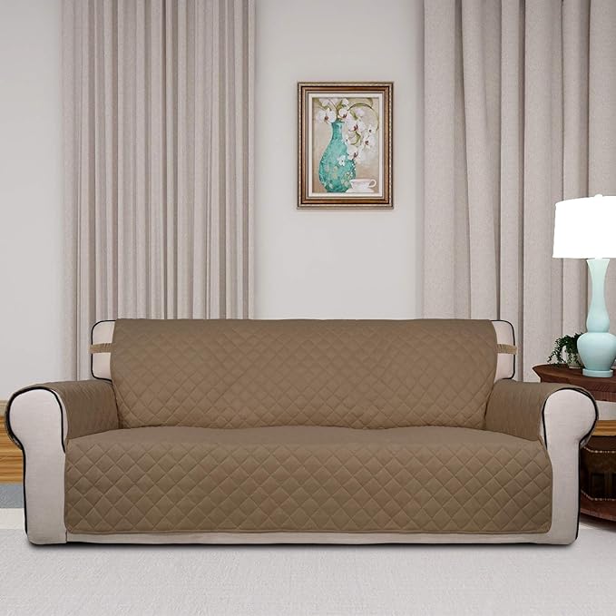 PureFit Reversible Quilted Sofa Cover, Water Resistant Slipcover Furniture Protector, Washable Couch Cover with Non Slip and Elastic Straps for Kids, Dogs, Pets (Sofa, Camel/Ivory)
