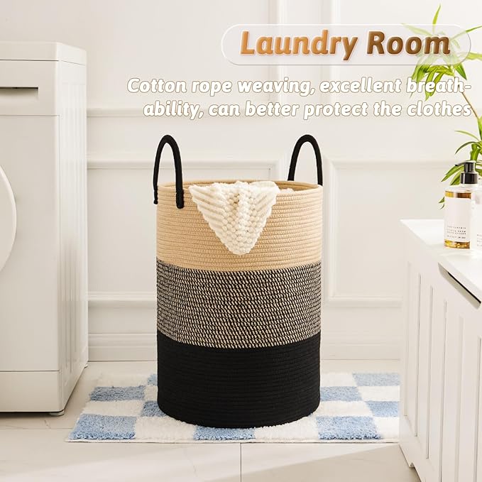 Laundry Basket,Woven Cotton Rope Laundry Hamper,80L for Decorative Storage of Dirty Clothes,Toys and Blankets in Bathroom,Bedroom and Living Room