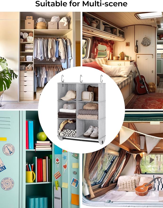 StorageWorks Hanging Closet Organizer with Metal Rod, 6-Section Closet Organizers and Storage, Collapsible Hanging Shelves for Closet, Bedroom, Kids Dorm Room, RV Camper, Grey and White
