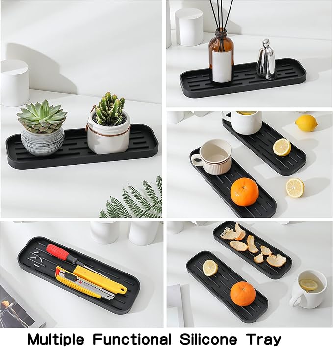 Silicone Kitchen Sink Organizer Tray for Multiple Usage,Eco-Friendly Sponges Holder for Kitchen Bathroom Counter or Sink,Dish Soap Dispenser,Scrubber,Bottle,Cup (Black, 12"×4")