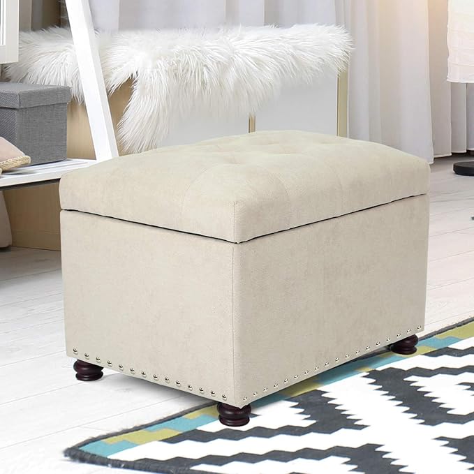 Joveco Storage Ottoman, 24" Fabric Rectangle Tufted Bench Foot Rest Stool for Living Room Bedroom, Beige