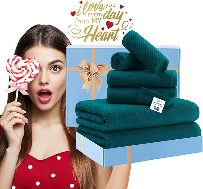 Bathroom Towels, 6 Piece Towel Set - Cotton | Soft | Quick Dry | Thick | Lightweight, 2 Large Bath 30"x56", 2 Hand 18"x28", 2 Washcloths 13"x13", Guest Towel Set, Deep Turquoise Gift Towel, Dark Teal