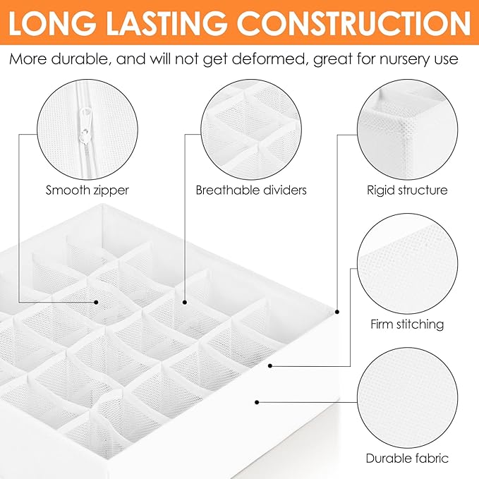 6 Pack Sock Underwear Drawer Organizer Dividers, 58 Cell Foldable Fabric Dresser Closet Organizers and Storage Bins for Clothing, Baby Clothes, Bra, Panty, Scarf, Ties (White)