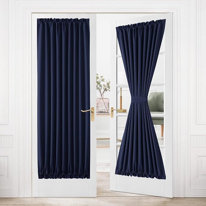 DWCN French Door Curtains – Rod Pocket Thermal Blackout Curtain for Doors with Glass Window, Kitchen and Patio Doors for Privacy, 36 X 80 Inches Long, 1 Curtain Panel with Tieback, Navy Blue