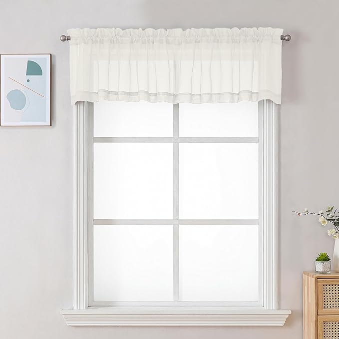 Chyhomenyc Sheer Ivory Valances for Windows 2 Pack, Small Window Curtains for Living Room Bathroom Cafe Laundry Basement, Modern Top Dual Rod Pocket Voile Curtain, 42W x 18L inches, Ivory