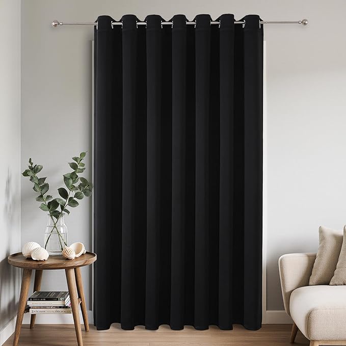 Joydeco Blackout Patio Sliding Door Curtains 108 Inches Long, Grommet Privacy Room Divider Curtains, Extra Wide Thermal Blackout Drapes for Bedroom Living Room (Black, 100Wx108L, 1 Panel)