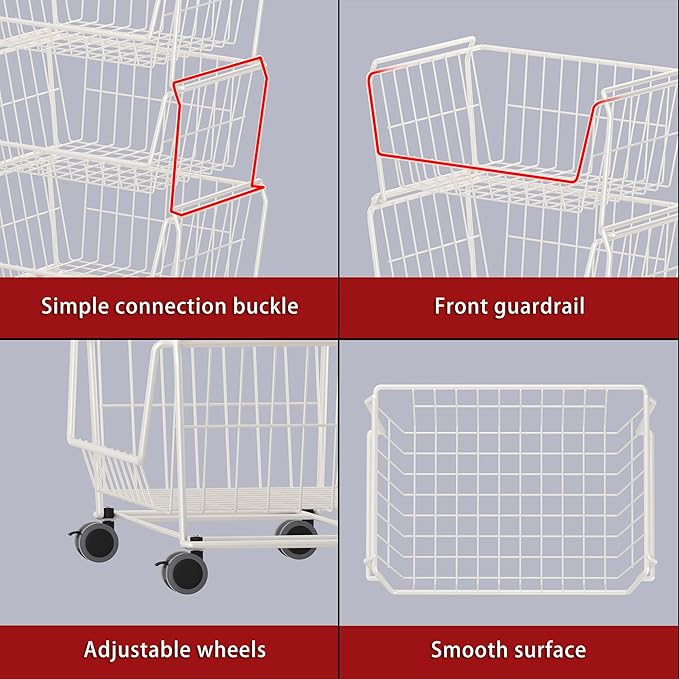 PUSDON Stackable Metal Storage Carts, Dual Use Shelf for Kitchen Fruit Vegetable Baskets with Wheels, Storage Rack for Living Room, Home & Office, Plus White 4 Tiers