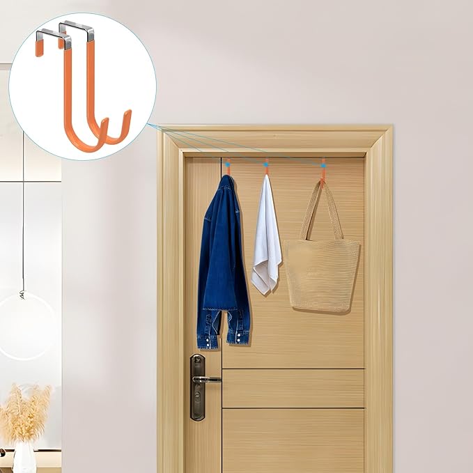 FYY Over The Door Hooks, 4 Pack Door Hangers Hooks with Rubber Prevent Scratches Heavy Duty Organizer Hooks for Living Room, Bathroom, Bedroom, Kitchen Hanging Clothes Towels Hats Coats Bags Orange