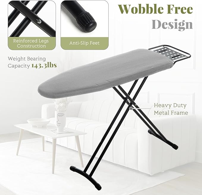 Ironing Board Full Size, RAINHOL 43"x13" Heavy Duty Compact Ironing Board with Iron Rest, Height Adjustable Sturdy Iron Stand, Grey Cover with Extra Thick Padding