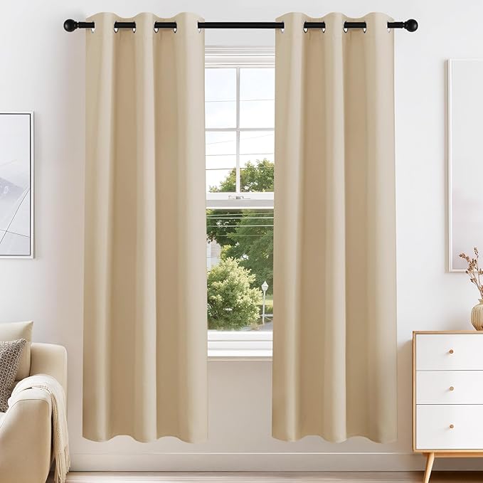 PONY DANCE Biscotti Beige Blackout Curtains for Bedroom 63 Inch Length 2 Panels Set, Thermal Insulated Energy Saving Grommet Top Window Treatment Drapes for Living Room, W34 x L63 Inch