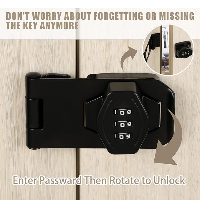 Password Rotary Hasp Locks, Digit Combination Lock Door Security Slide Latch Door Lock for Drawers, File Cabinets, Cabinets, Interior Doors, Barns, Garage Doors, Fence (3 Inch)