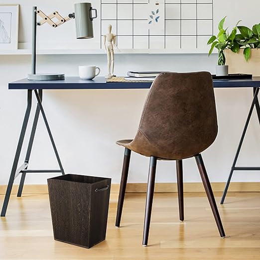 Trash Can Wastebasket Wood Garbage Container Bin with Built-in Double Metal Handles for Office, Bedroom, and Bathroom, Dark Brown