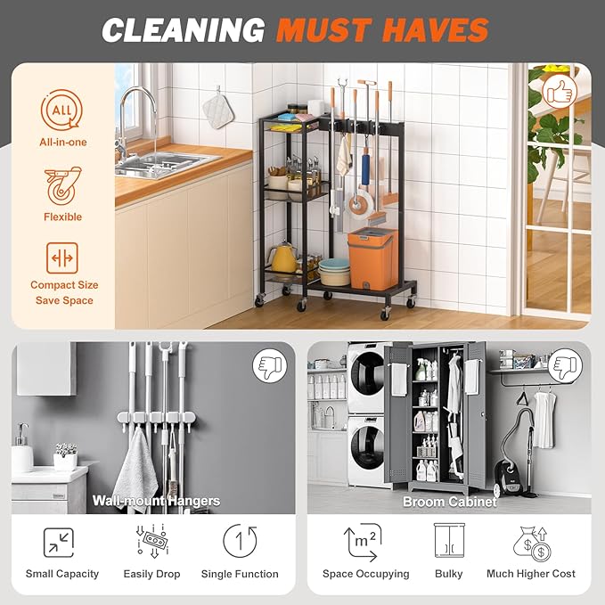 Broom Holder with Cleaning Supplies Organizer, Broom Closet Storage Cabinet with Cleaning Caddy, Cleaning Cart with Mop Hanger Gripper Rack Hooks,Janitorial Cart,Utility Carts Household Essentials