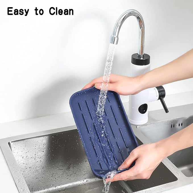 Silicone Kitchen Sink Organizer Tray for Multiple Usage,Eco-Friendly Sponges Holder for Kitchen Bathroom Counter or Sink,Dish Soap Dispenser,Scrubber,Bottle,Cup (Navy Blue, 10"×5.3")