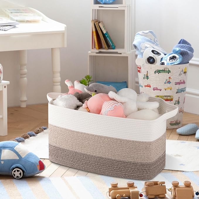 OIAHOMY Rectangle Woven Storage Basket - Nursery Cotton Rope Baskets for Storage, Toy Basket Organizing for Living Room, 17.7"x13.8"x11"- Pack of 3 - Gradient Yellow