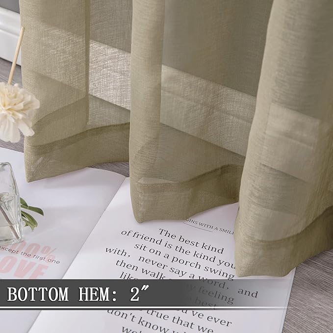 Tollpiz Short Sheer Curtain Linen Textured Bedroom Curtains Sheer Light Filtering Rod Pocket Voile Curtain for Living Room, 54 x 54 inches Long, Taos Taupe, Set of 2 Panels