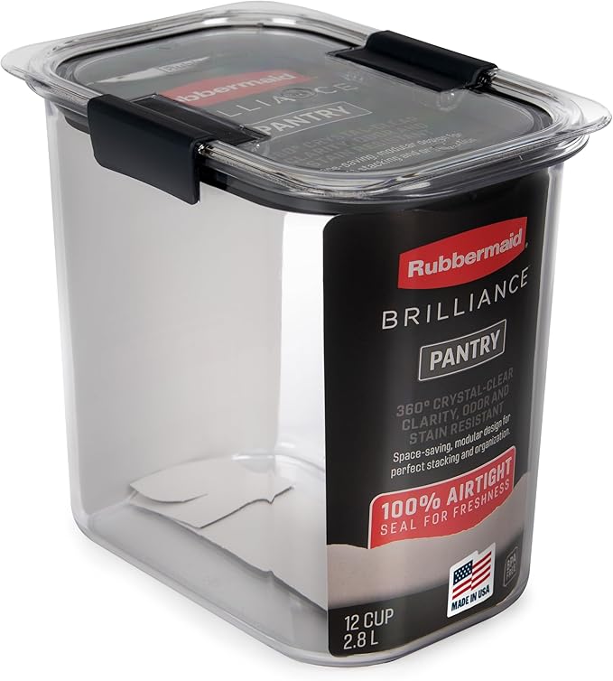 Rubbermaid Brilliance 12-Cup Airtight Food Storage Container, Perfect for Pantry Staples, Clear/Grey