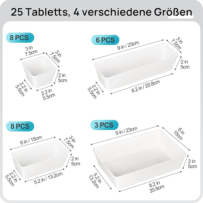 Vtopmart 25 PCS Plastic Drawer Organizers Set, 4-Size Versatile Bathroom and Vanity Drawer Organizer Trays, Storage Bins for Makeup, Bedroom, Kitchen Gadgets Utensils and Office