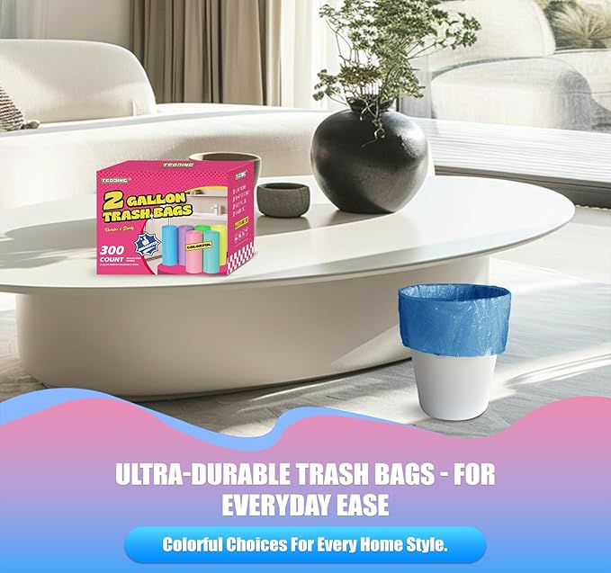 300 Count 2 Gallon Trash Bags - 7.5 Liter Colored Small Garbage Bags Unscented Wastebasket Liners Heavy Duty & Leakproof Mini Can Liners for Bathroom Office Home Car