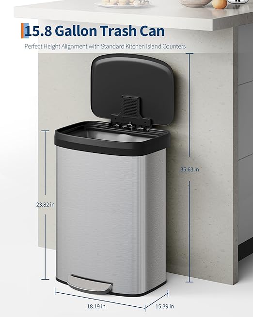 Garvee 16 Gallon / 60 Liter Stainless Steel Trash Can with Lid, Large Garbage Can for Kitchen, Rustproof Step-on Kitchen Metal Trash Bin with Liner Rim, Rear Handle, Soft Close Plastic Lid, Silver