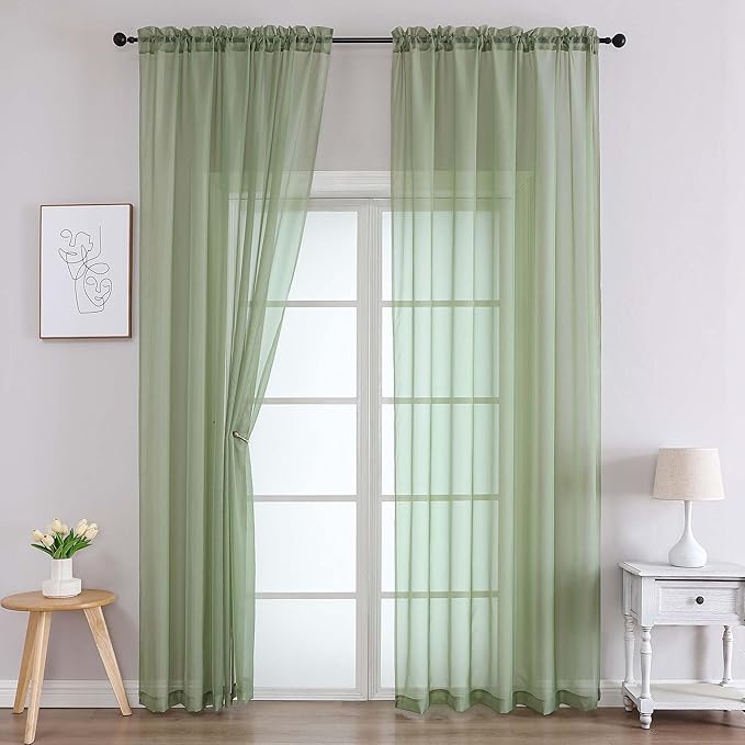 Chyhomenyc Sage Green Sheer Curtains 96 Inches Long 2 Panels, Light Filtering Green Curtains for Living Room, Soft Gentle Voile Rod Pocket Bedroom Window Drapes, 59Wx96L Inch, 2PCS