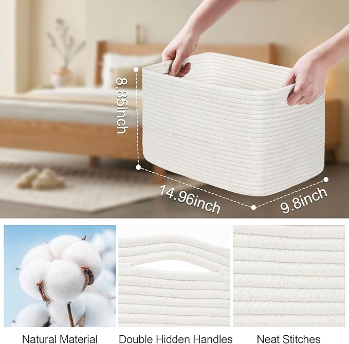 3-Pack Shelf Baskets for Organizing, Woven Storage Basket for Shelves, Cotton Rope Storage Bins for Toys Books, Nursery Towel Baskets for Classroom, 14.96"X9.8"X8.85", White