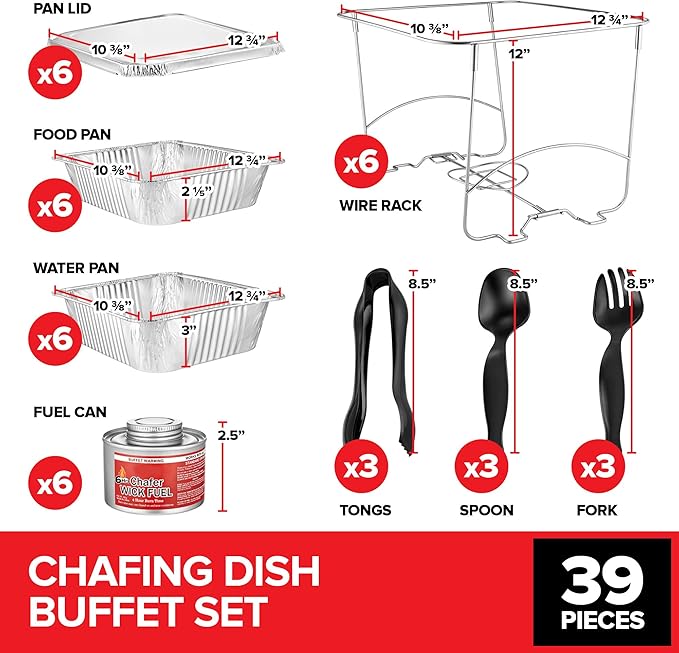 Complete Chafing Dish Buffet Set (39pc) Disposable Catering Supplies- Includes Serving Utensils, 6hr Fuel cans, 6 Half Size Chafing Pans & Wire Racks- Premium Party Food Warmer Trays