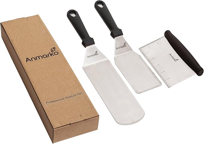 Metal Spatula Stainless Steel and Scraper - Professional Chef Griddle Spatulas Set of 3 - Heavy Duty Accessories Great for Cast Iron BBQ Flat Top Grill Skillet Pan - Commercial Grade