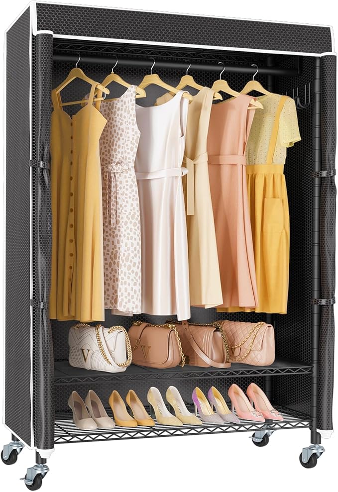 VIPEK R3C Rolling Clothes Rack with Cover Portable Closet for Hanging Clothes, Heavy Duty Garment Rack Freestanding Racks with Wheels&Side Hooks, Black Rack with Black Upgraded Polyester Cover