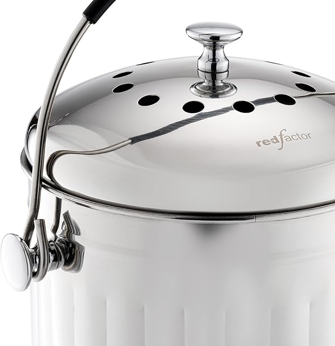 RED FACTOR Premium Compost Bin for Kitchen Countertop - Stainless Steel Food Waste Bucket with Innovative Dual Filter Technology - Includes Spare Filters (Brilliant Steel, 1.3 Gallon)