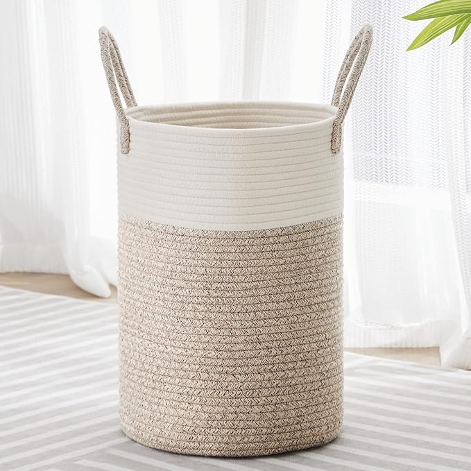 VIPOSCO Tall Laundry Hamper, Woven Rope Storage Basket for Blanket, Toys, Dirty Clothes in Living Room, Bathroom, Bedroom - 30L White & Brown