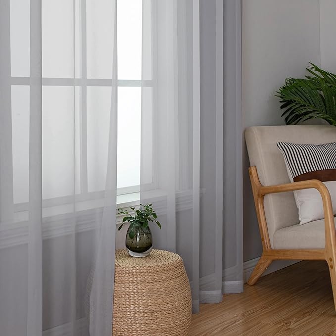Chyhomenyc Sheer Light Grey Curtains 90 inches Long 2 Panels, Light Filtering Soft Airy Solid Elegant Voile Window Treatment Drapes for Bedroom Living Room Wedding Party Decor, 42 Wx90 L Inches