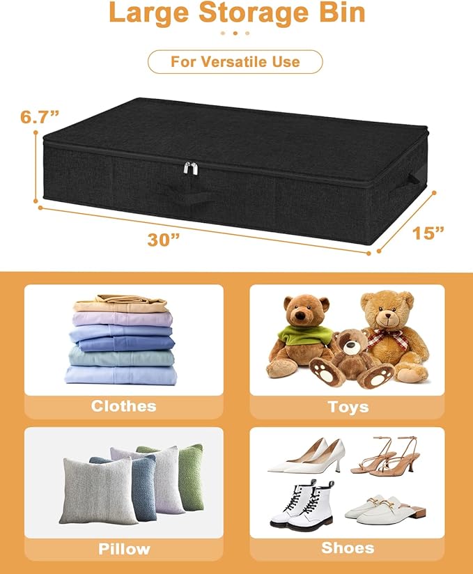 punemi Under Bed Storage Container, 2 Pack Underbed Storage Bags With Lid, Foldable Sturdy Clothes Storage Organizer W/ 3 Handles, Ultra Thick Fabric Blanket Shoe Storage Box, 30x15x6.7inch, Black