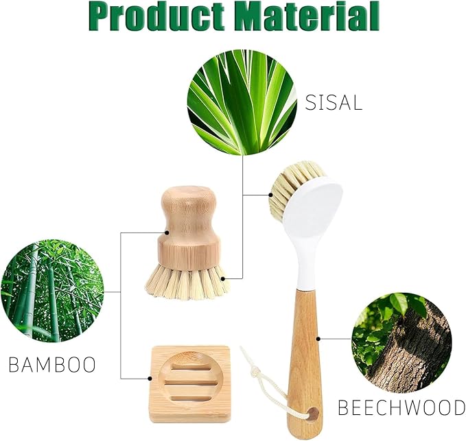Natural Bristle Dish Brush Set, 1 Wooden Dish Brush and 1 Bamboo Dish Brush with 1 Bamboo Drainer Tray, All Circle Kitchen Scrub Brush for Dishes