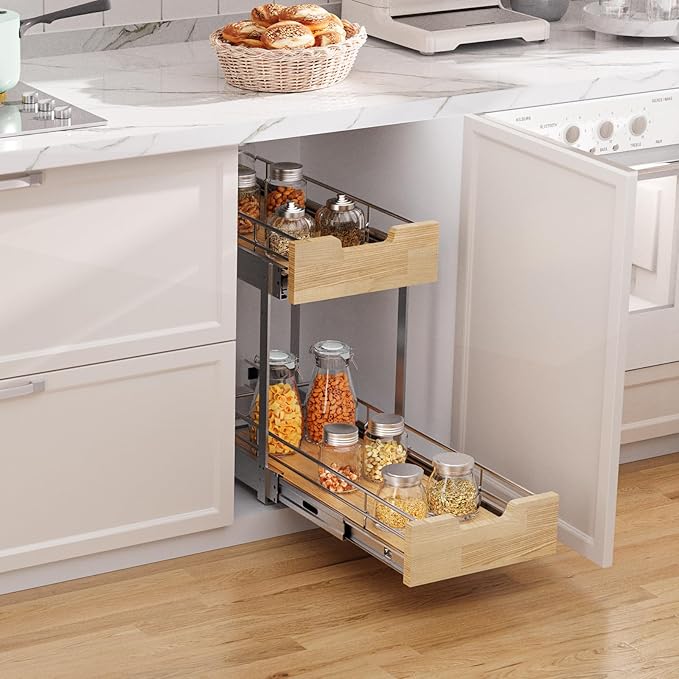 Pull Out Cabinet Organizer,Heavy-Duty Slide Out Shelf, Wood and Wire Basket, Pull Out Drawer for for Kitchen Under Sink Space, Pantry, Bathroom, 2 Tie 9 * 21 in