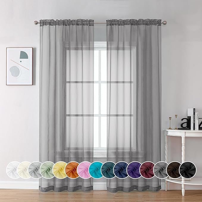 Chyhomenyc Sheer Grey Curtains 84 inches Long 2 Panels Set, Lightweight Solid Elegant Window Curtain Panels/Drapes/Treatment for Bedroom Living Room (42 X 84 Inches, Charcoal Grey)