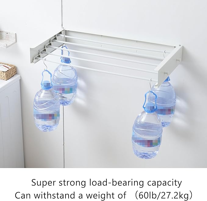 Clothes Drying Rack,Laundry Hanging Rack Collapsible,Wall Mounted Drying Rack for Laundry,Foldable Drying Rack Indoor Outdoor,31.5" Wide,5 Aluminum Rods with Hooks, 60 lb Capacity (White 31.5" Hooks)