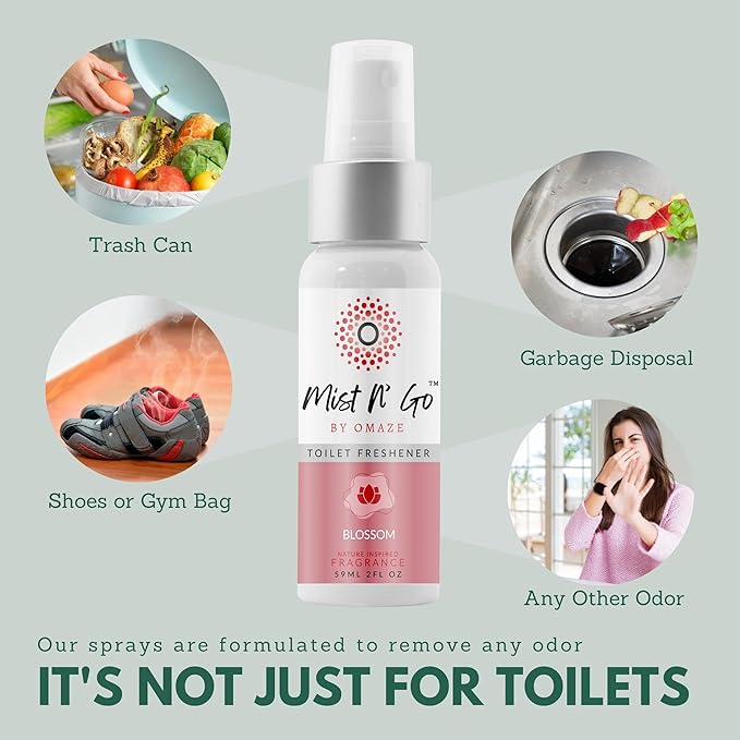 Mist N’ Go by Omaze Travel Bathroom Spray for Toilet Spray Odor Eliminator - Travel Toilet Spray for Bathroom Air Freshener Spray for Bathroom Deodorizer - Blossom Regular Size (2oz x3)