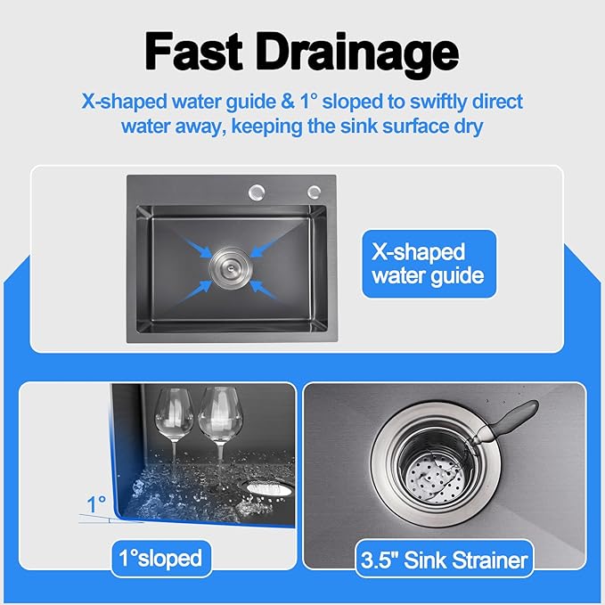 24x18x9 Inch Kitchen Sink, Handmade 304 Black Stainless Steel Single Bowl, 2-Hole Drop In Installation, R10 Tight Corner, for Modern Kitchen/RV/Outdoor Sink