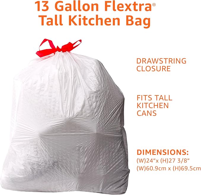Amazon Basics Flextra Tall Kitchen Drawstring Trash Bags, 13 Gallon, 90 Count