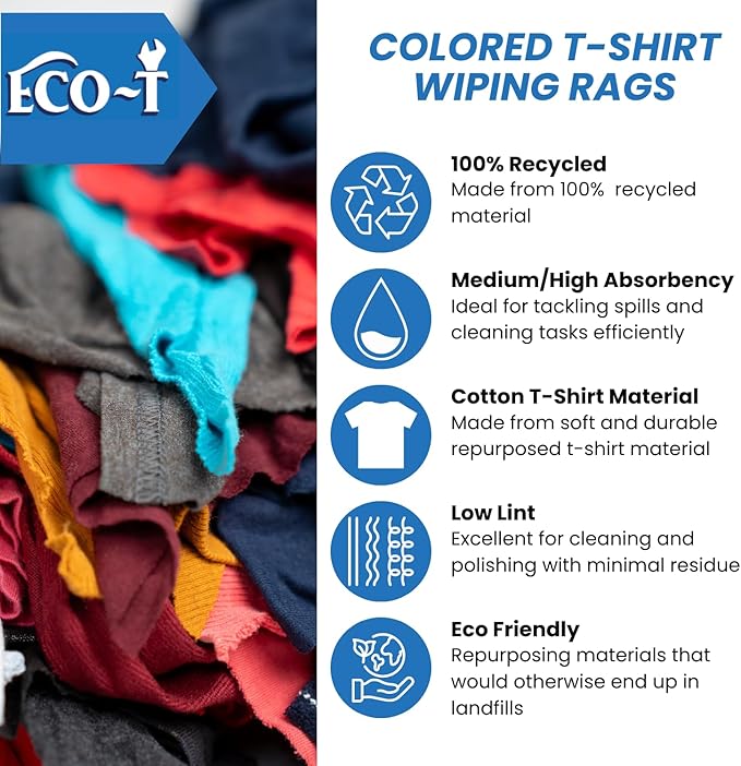 6 x 4 Lb Bags (24 Lbs) Eco-T Mechanic Shop Rags - Colored T-Shirt Material, 100% Recycled, Eco-Friendly, High Absorbency, Low Lint, Low-Cost, Industrial Use Wiping Cloth